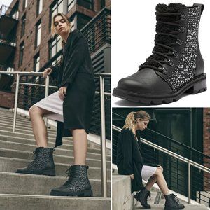 SOREL Lennox Lace Waterproof Shearling BOOTS Size 6.5 Black Leather NEW $200